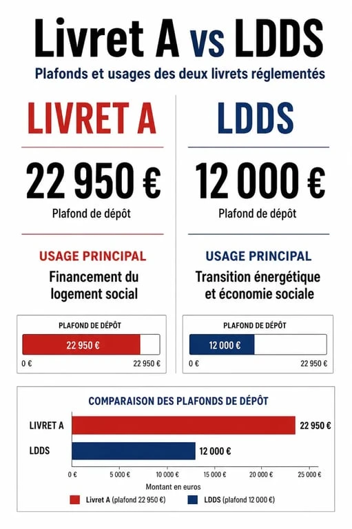 Infographie comparative Livret A ou LDDS : plafonds et usages des livrets d'épargne