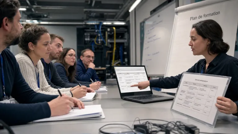 Formateur informatique : transmettre la technique, animer le groupe, faire progresser les apprenants Formateur informatique en salle de formation PC, apprenants