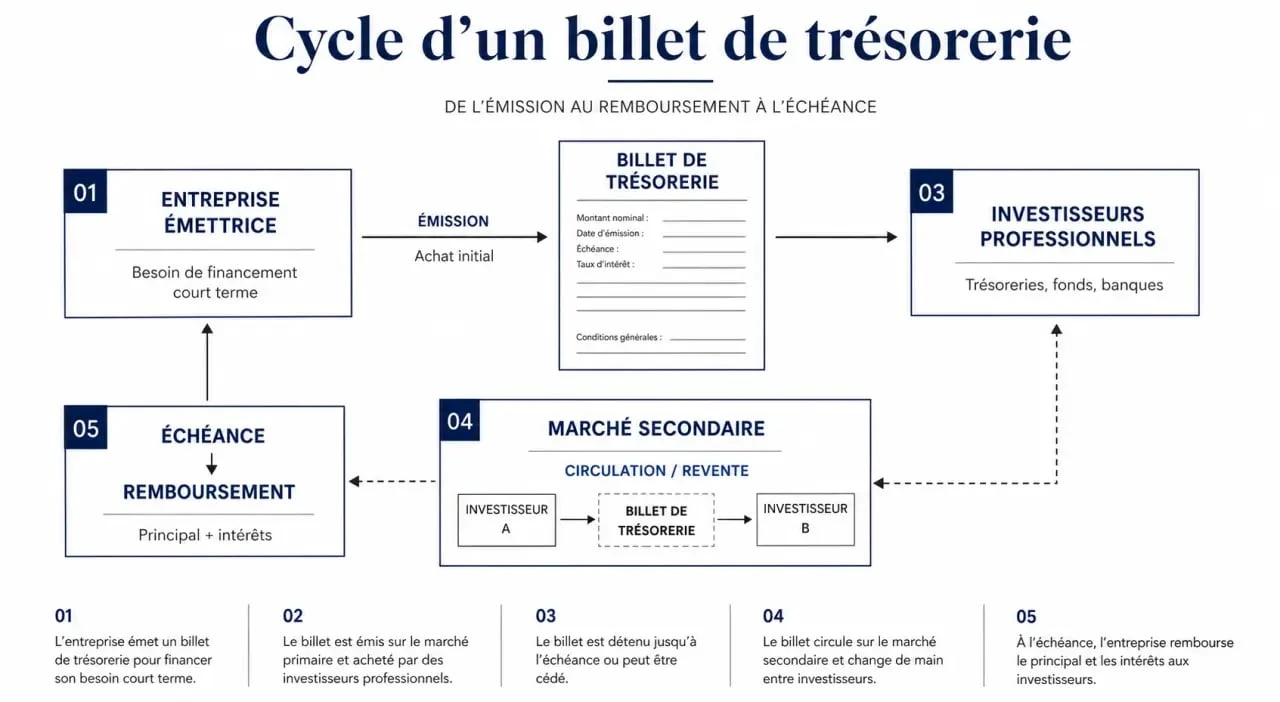 Schéma du billet de trésorerie montrant l’émission, l’achat, l’échéance et le remboursement
