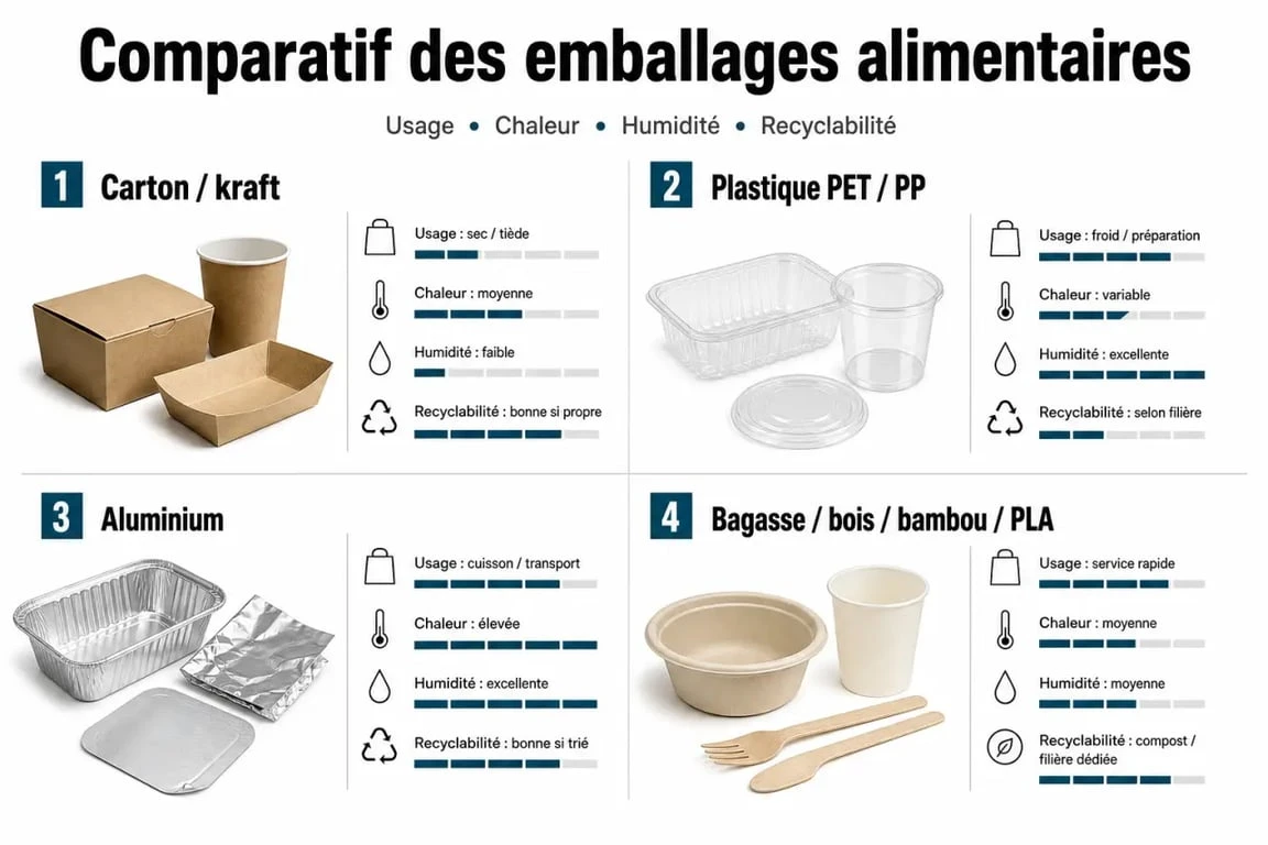Comparatif de mon emballage alimentaire selon la matière, l’usage, la chaleur et la recyclabilité