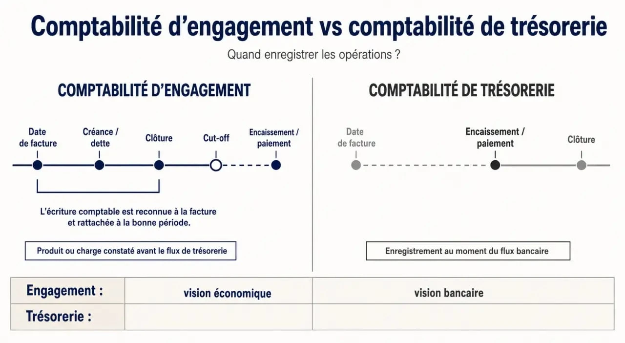 Comptabilité d'engagement : schéma comparatif avec trésorerie, créances, dettes et cut-off