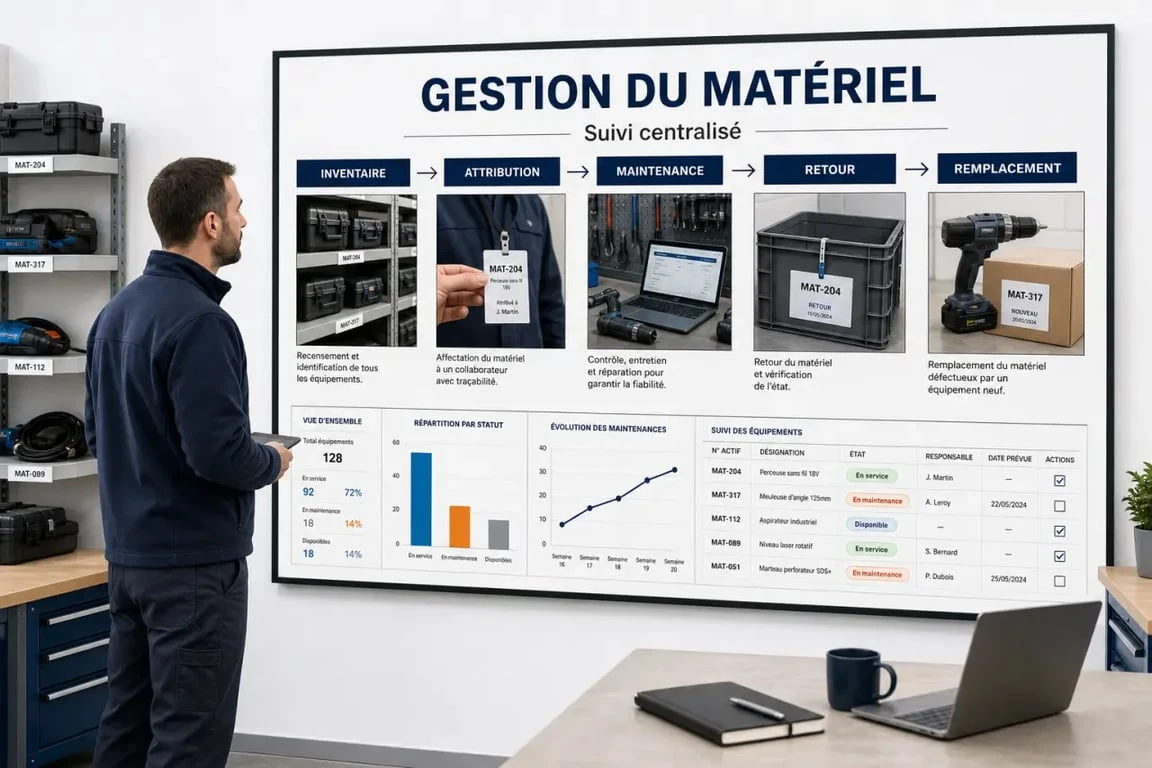 Gestion du matériel dans une entreprise : illustration du workflow d’inventaire, d’attribution et de maintenance