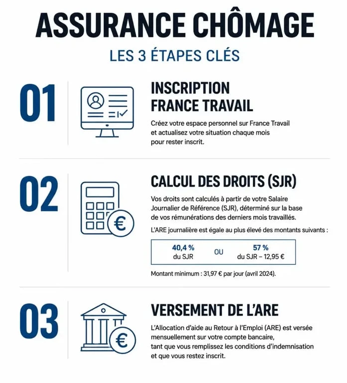 Infographie explicative des étapes de l'assurance chômage et de l'indemnisation