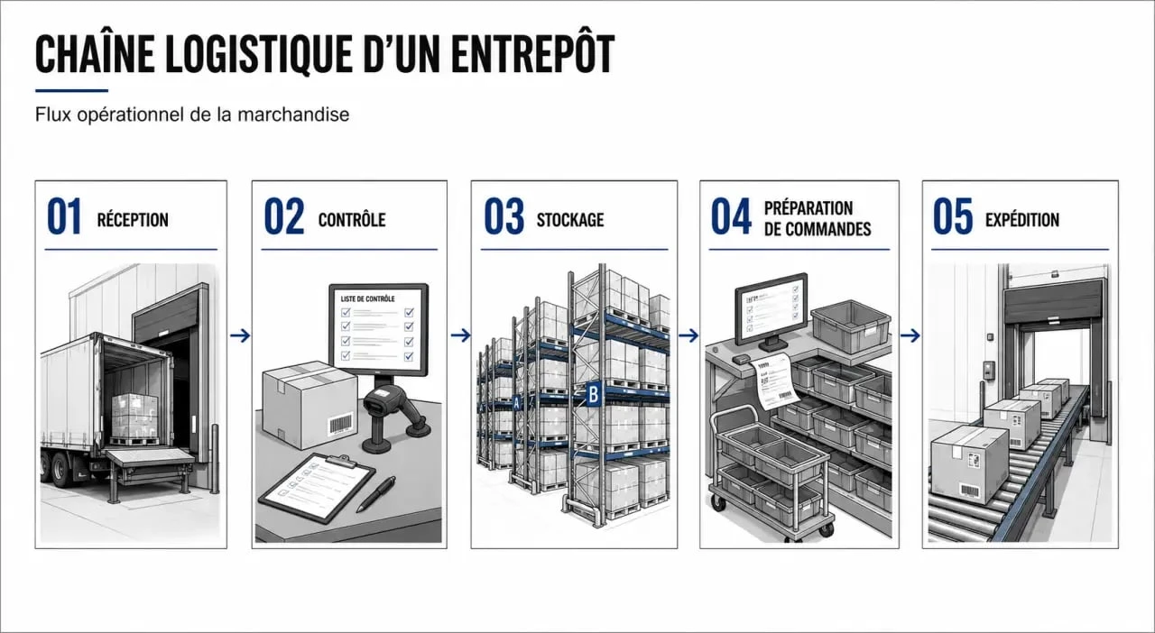 Schéma du bac pro logistique montrant la réception, le stockage, la préparation de commandes et l’expédition