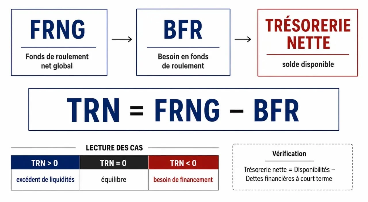 Trésorerie nette : schéma FRNG BFR et lecture positive, nulle ou négative
