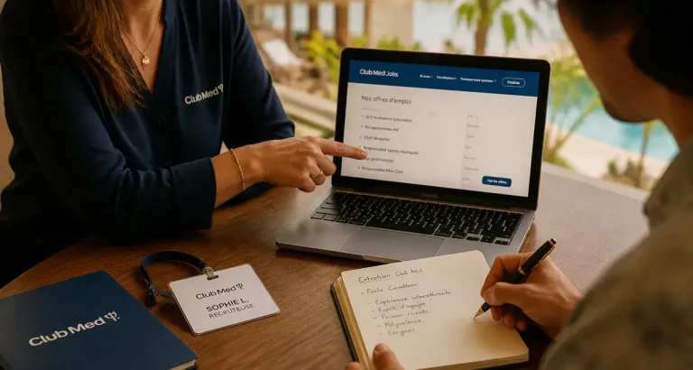 Photo club med recrutement : candidate et recruteuse devant des offres d’emploi fictives