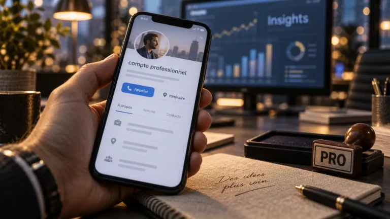 Compte pro instagram : écran Insights sur smartphone avec boutons Appeler et Itinéraire