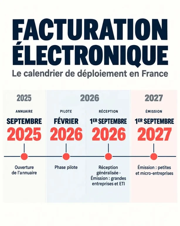 Infographie du calendrier de l’annuaire de la facturation électronique en France