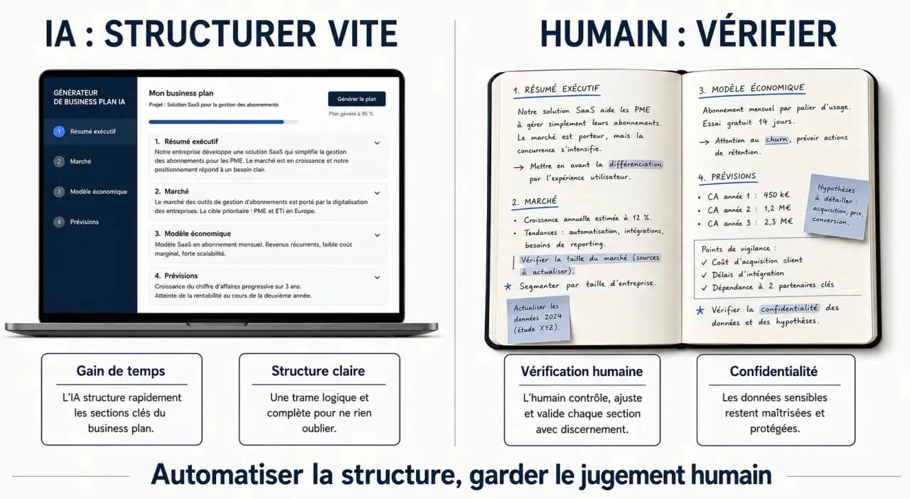 business plan template smartstart generator avis : comparaison visuelle entre générateur IA et business plan rédigé manuellement