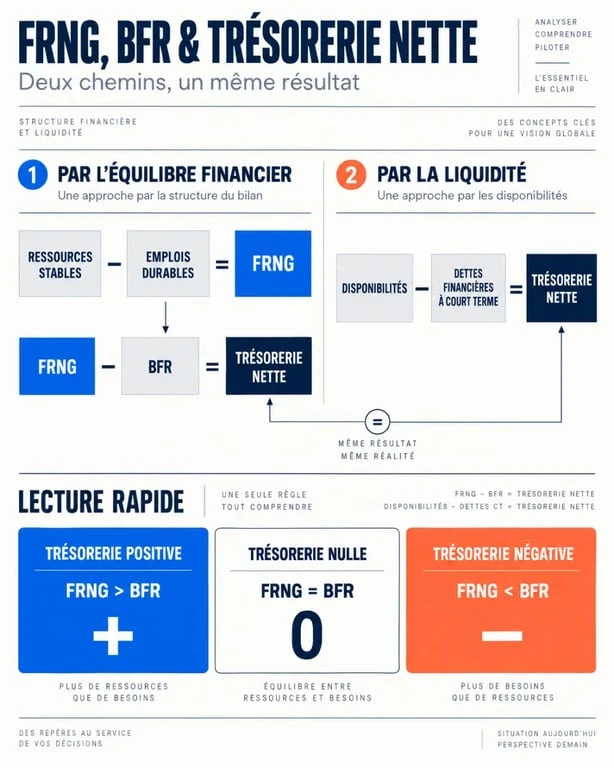 Trésorerie nette calcul : relation entre FRNG, BFR et trésorerie positive, nulle ou négative