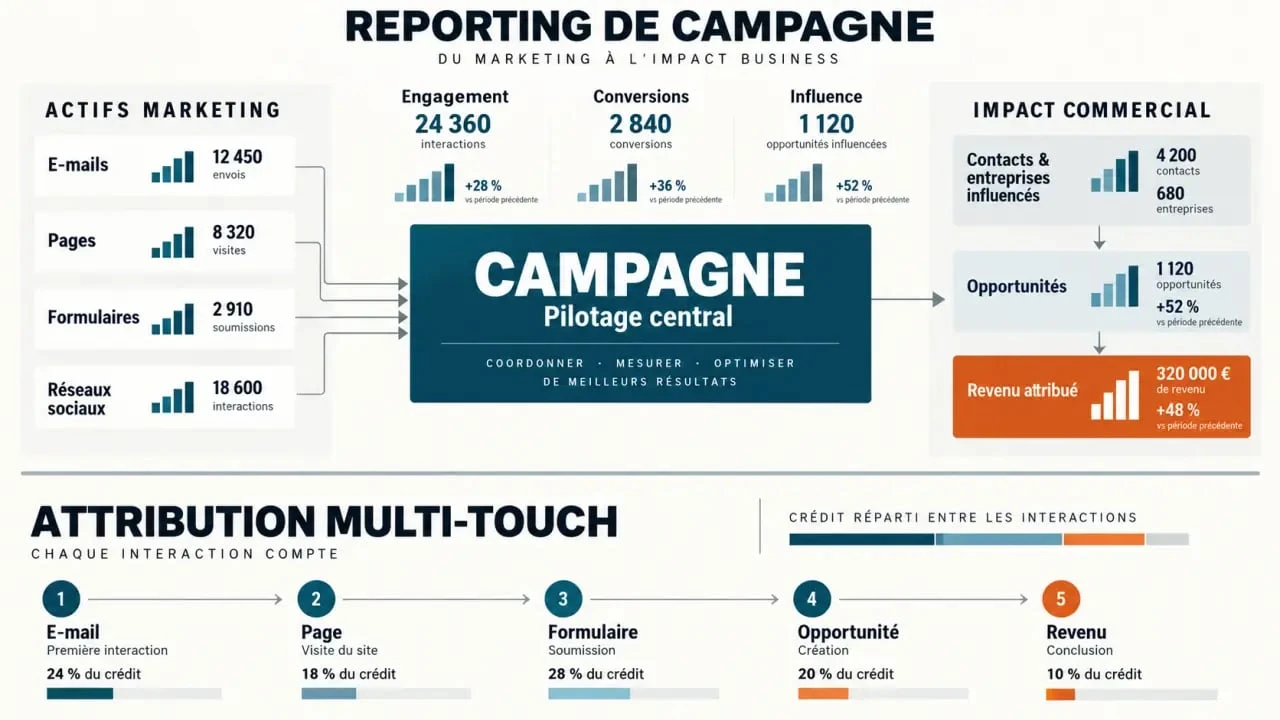 Schéma de gestion de campagnes et reportings HubSpot en entreprise, des actifs marketing au revenu attribué