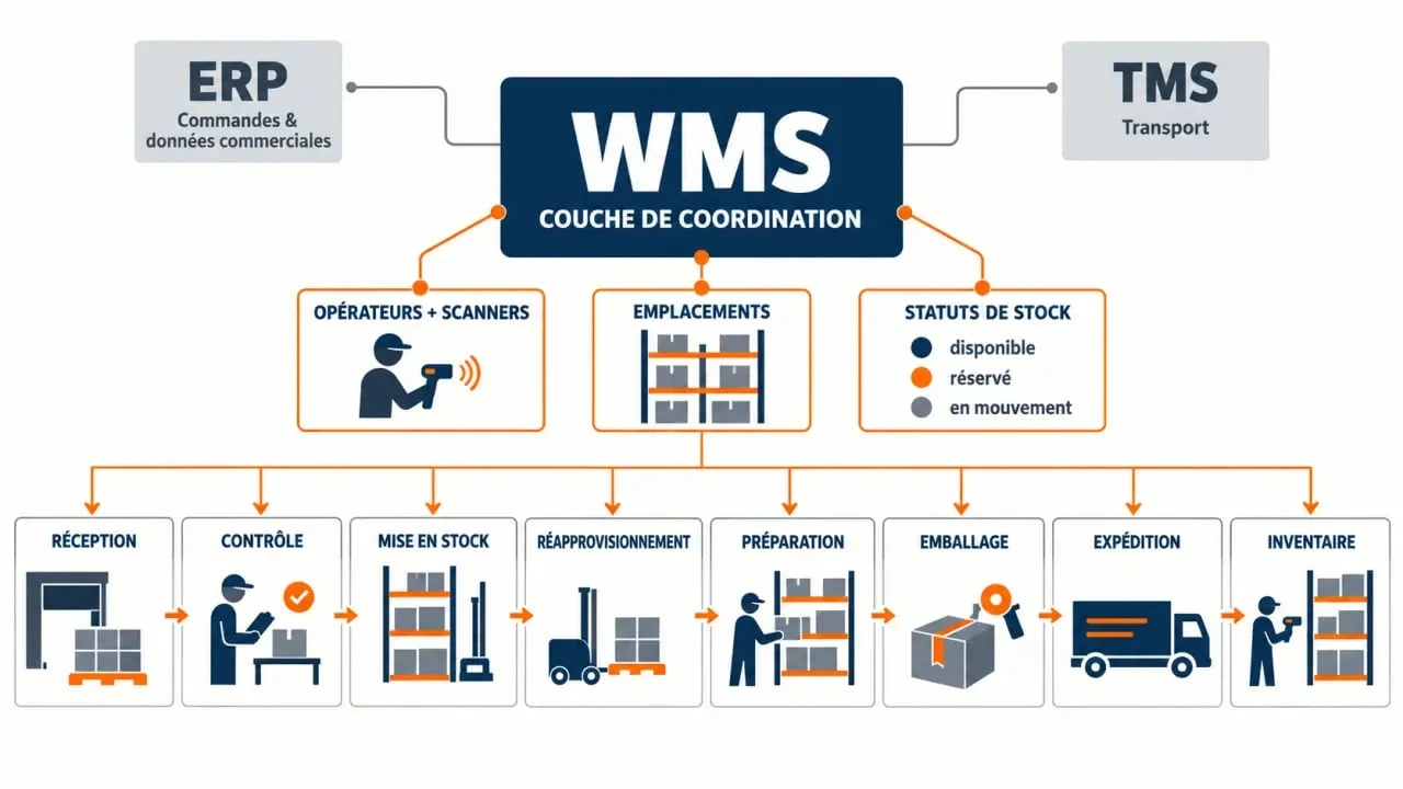 Schéma du fonctionnement d’un WMS logistique, de la réception à l’expédition