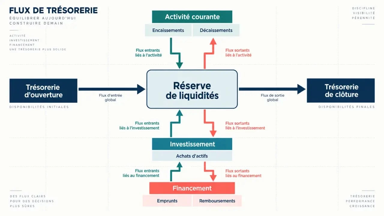 Tableau de flux de trésorerie présentant les flux d’activité, d’investissement et de financement