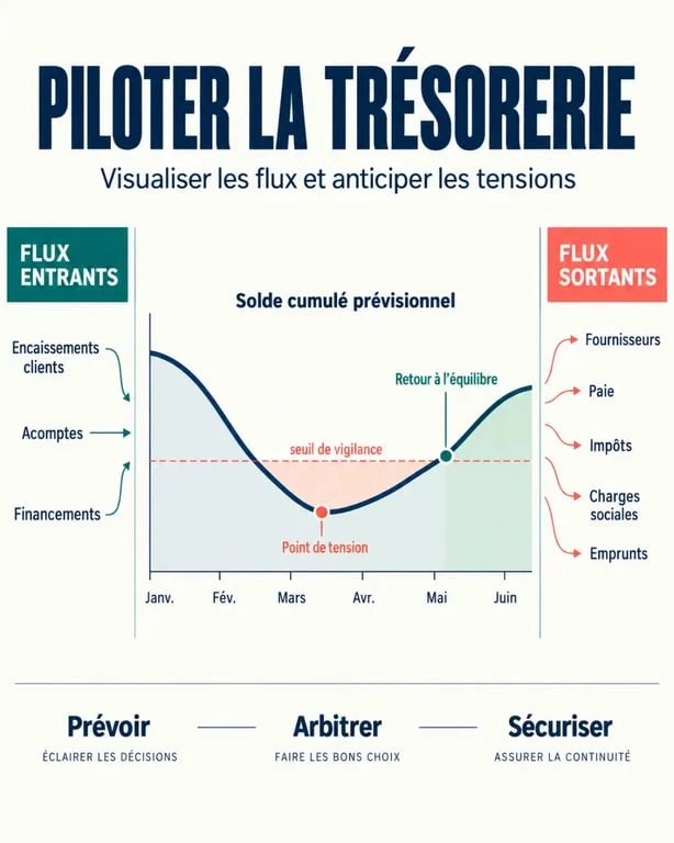 Infographie de gestion de trésorerie montrant les flux d'encaissements, de décaissements et les points de tension