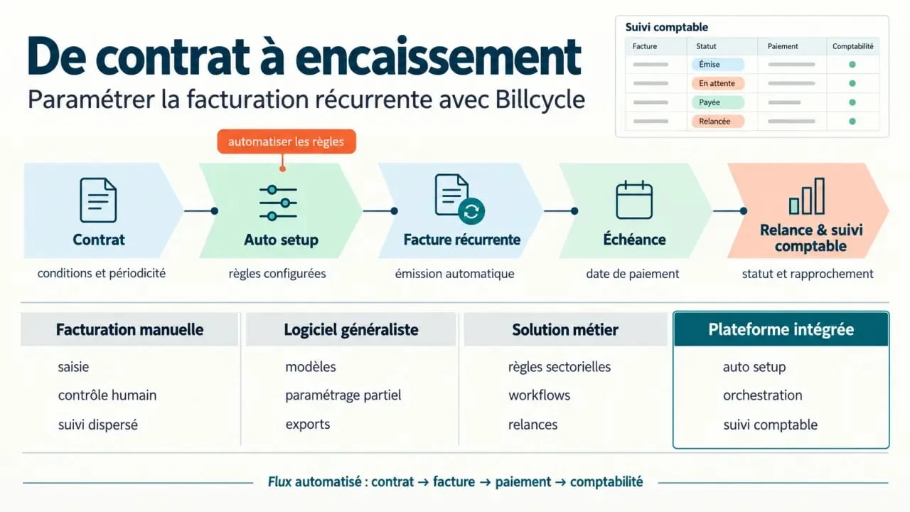 Outil de facturation récurrente Billcycle avec auto setup et suivi automatisé des échéances