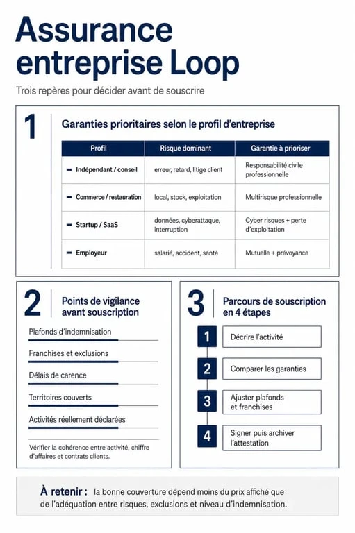 Mon assurance entreprise Loop : visuel des garanties à vérifier, des points de vigilance et du parcours de souscription