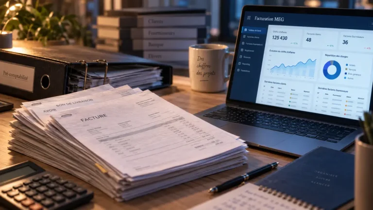 MEG facturation : piles de factures et suivi comptable sur écran