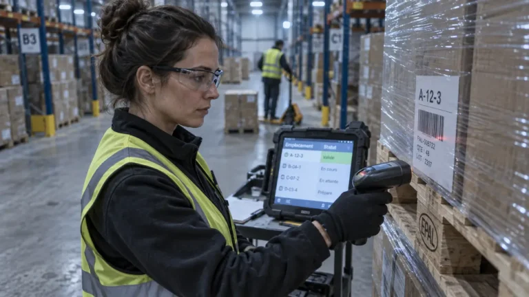 WMS logistique : opératrice scanne code-barres pour fiabiliser les stocks
